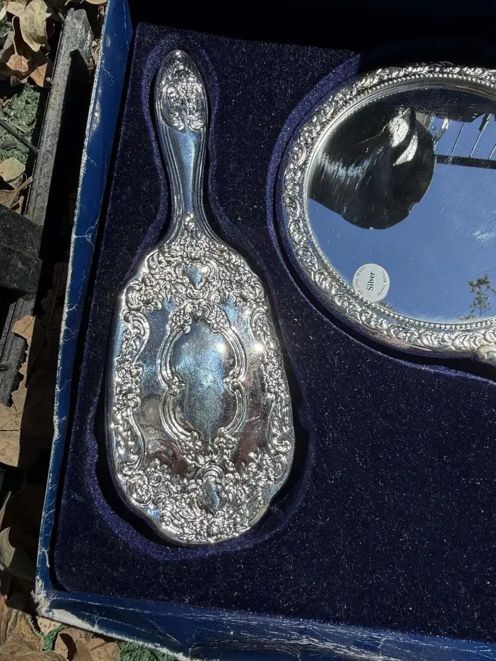 Vntg”Never Used”SilverPlated HandMirror Hair Brush Comb & Powder Jar Vanity Set